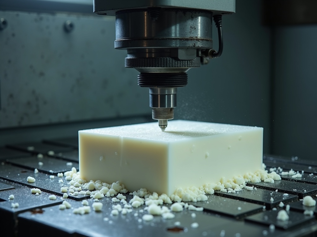 CNC machine milling a white engineering plastic block