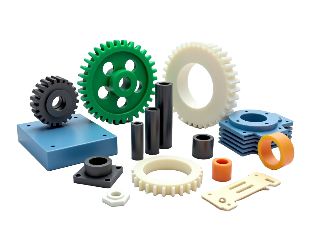 Assorted colourful machined plastic parts — gear, bushes, rings, drilled flange