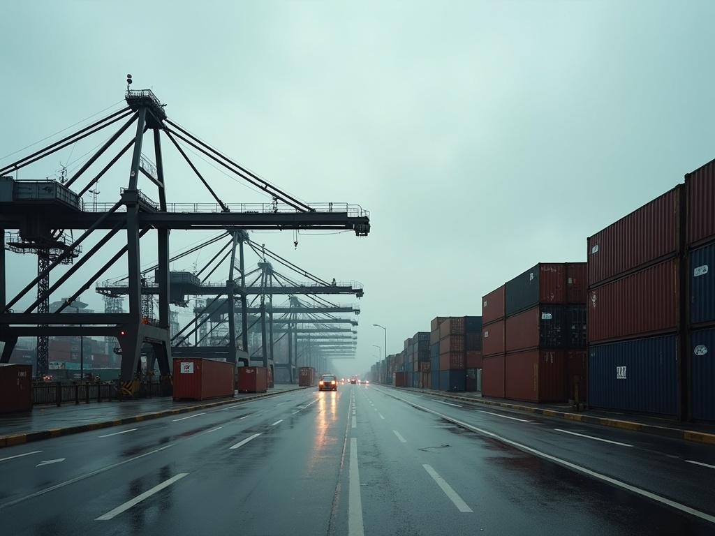 Container port with gantry cranes at dusk